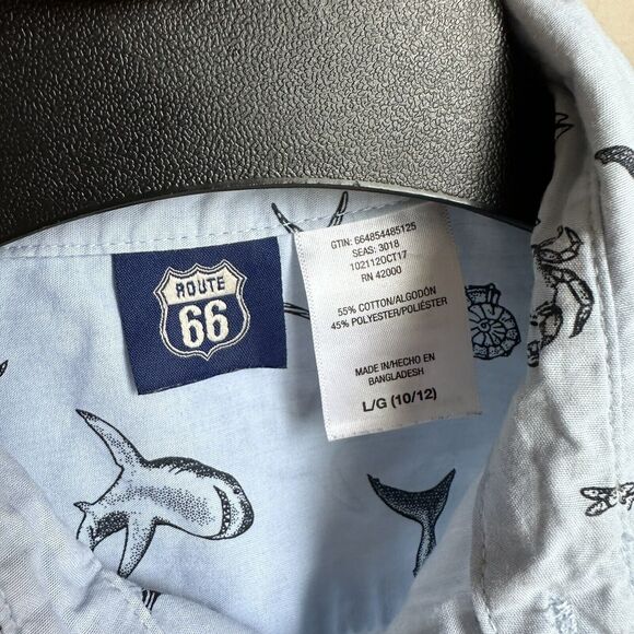 Boys Route 66 Button Up Short Sleeve Shirt Blue Shark Print Size L 10/12 B31 - Picture 3 of 4